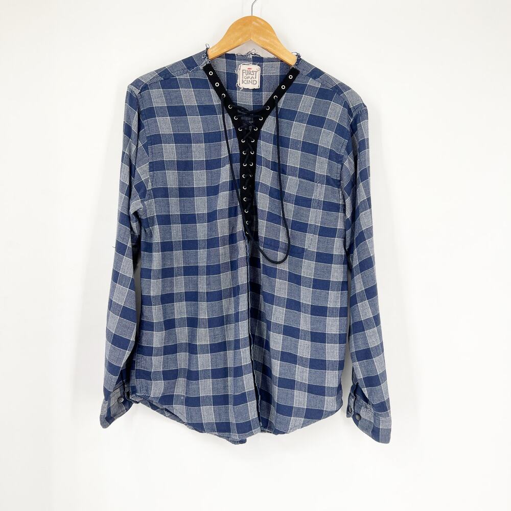LF Furst of a Kind Upcycled Plaid Flannel Lace Up Neck Long Sleeve Top